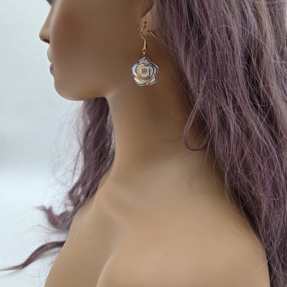 handmade Elegant Gold and Purple Rose Earrings - Picture 5 of 5